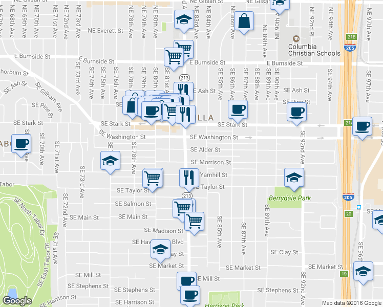 map of restaurants, bars, coffee shops, grocery stores, and more near 8226 Southeast Alder Street in Portland