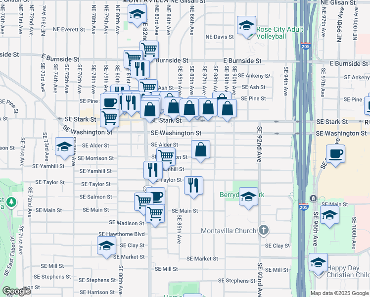 map of restaurants, bars, coffee shops, grocery stores, and more near 8518 Southeast Alder Street in Portland