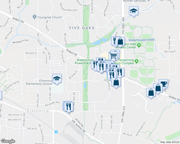 map of restaurants, bars, coffee shops, grocery stores, and more near 16435 Southwest Estuary Drive in Beaverton