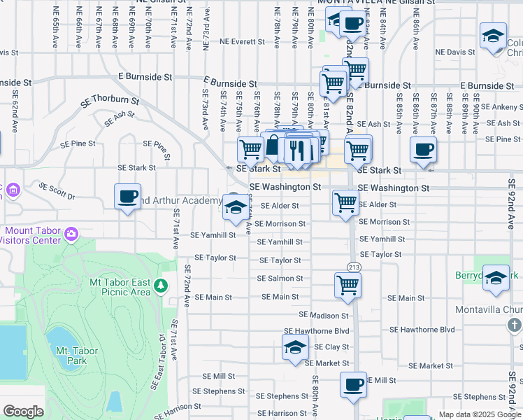 map of restaurants, bars, coffee shops, grocery stores, and more near 7634 Southeast Alder Street in Portland