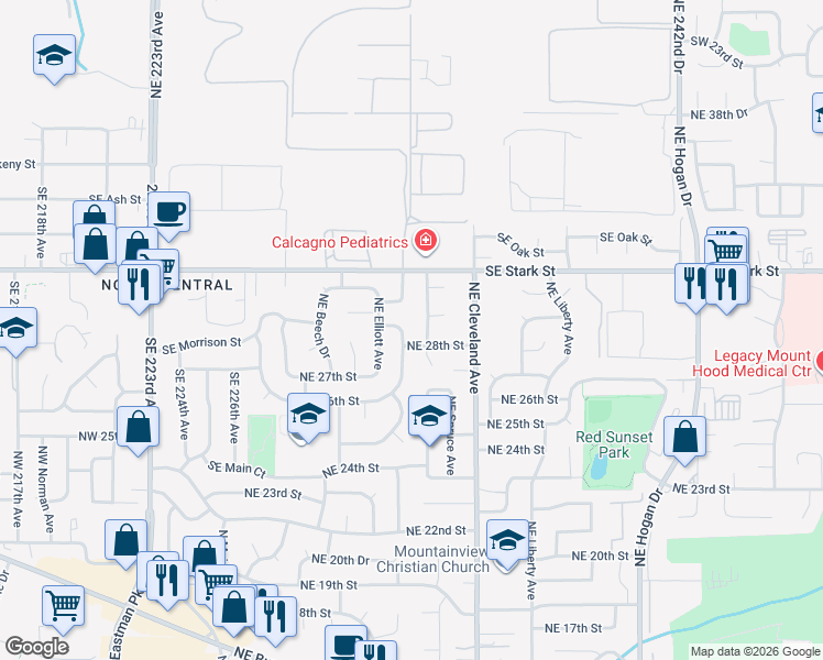 map of restaurants, bars, coffee shops, grocery stores, and more near 2836 Northeast Linden Avenue in Gresham