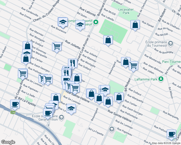 map of restaurants, bars, coffee shops, grocery stores, and more near 910 Rue Hubert in Longueuil