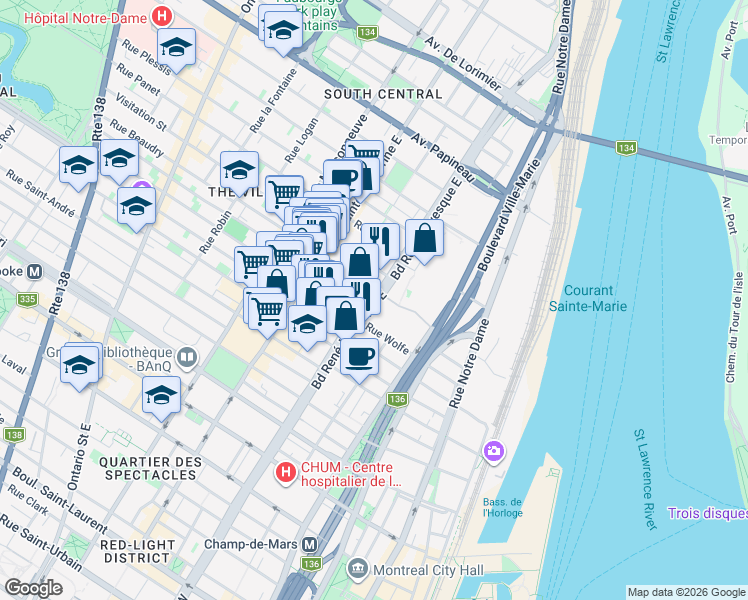 map of restaurants, bars, coffee shops, grocery stores, and more near 1220 Boulevard René-Lévesque Est in Montréal