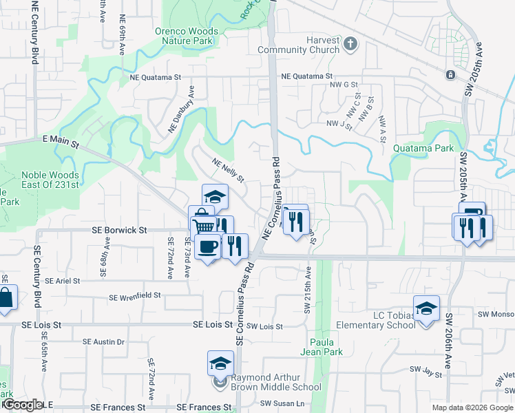 map of restaurants, bars, coffee shops, grocery stores, and more near 201 Northeast Natalie Street in Hillsboro