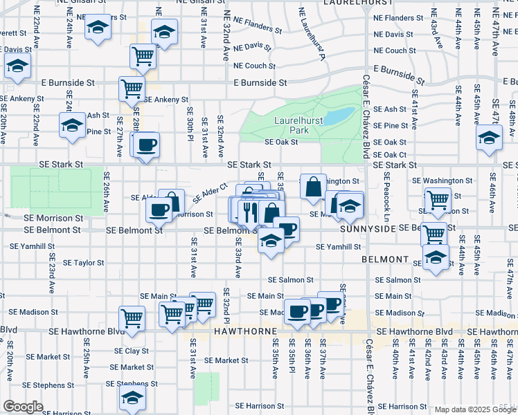 map of restaurants, bars, coffee shops, grocery stores, and more near 753 Southeast 34th Avenue in Portland