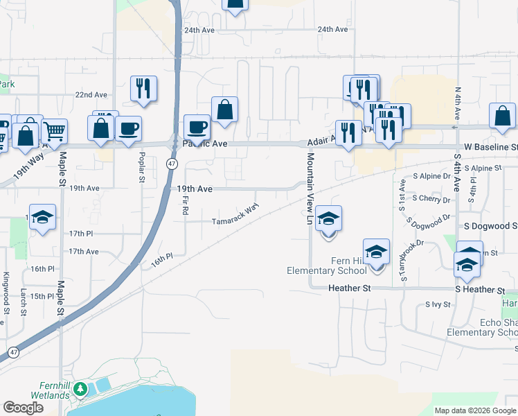 map of restaurants, bars, coffee shops, grocery stores, and more near 1830 Tamarack Way in Forest Grove