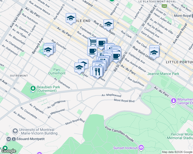 map of restaurants, bars, coffee shops, grocery stores, and more near 1105 Avenue Laurier Ouest in Montréal