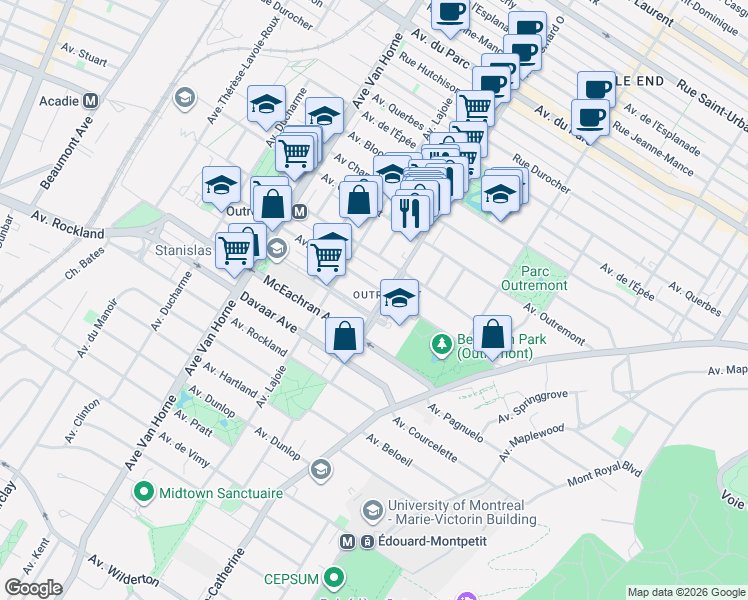 map of restaurants, bars, coffee shops, grocery stores, and more near 1465 Bernard Avenue in Montrã©Al