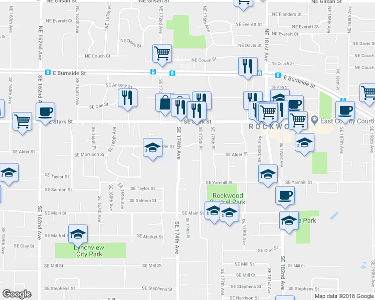 map of restaurants, bars, coffee shops, grocery stores, and more near 17432 Southeast Washington Court in Portland