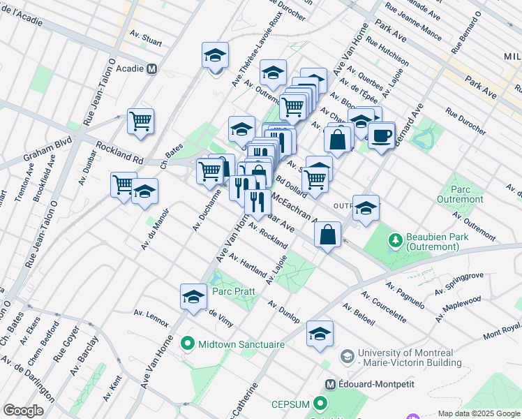 map of restaurants, bars, coffee shops, grocery stores, and more near 780 Davaar Avenue in Montreal
