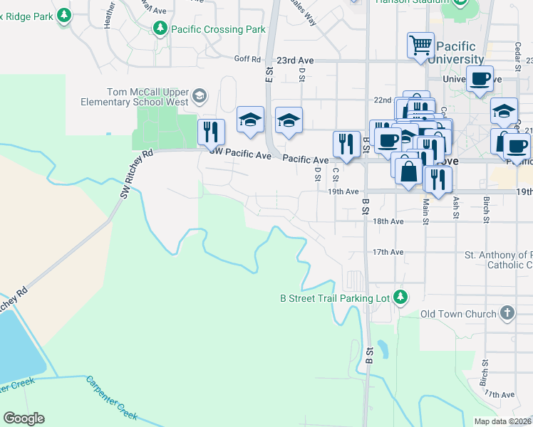 map of restaurants, bars, coffee shops, grocery stores, and more near 1464 18th Avenue in Forest Grove