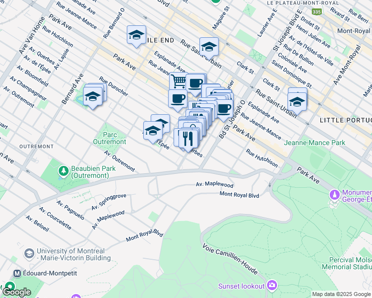map of restaurants, bars, coffee shops, grocery stores, and more near in Montréal