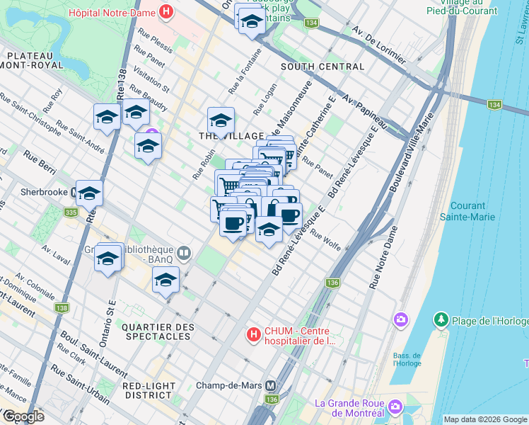 map of restaurants, bars, coffee shops, grocery stores, and more near 1100 Rue Sainte-Catherine Est in Montréal