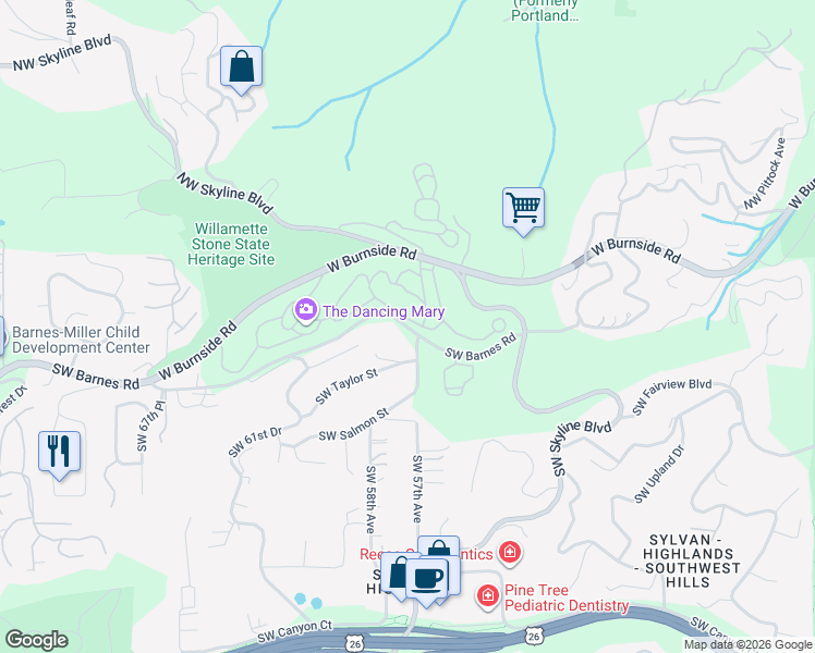map of restaurants, bars, coffee shops, grocery stores, and more near 5720 SW Barnes Rd in Portland