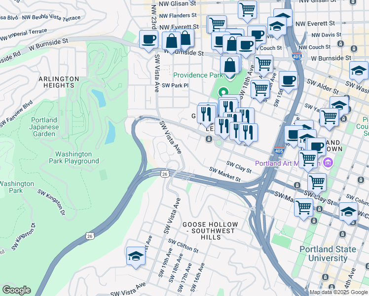 map of restaurants, bars, coffee shops, grocery stores, and more near 1475 Southwest 20th Avenue in Portland