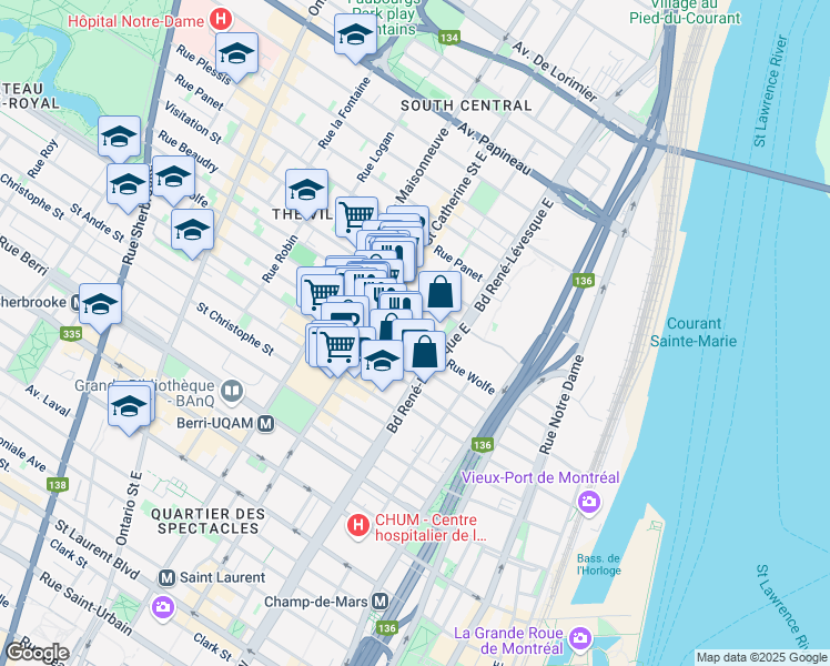 map of restaurants, bars, coffee shops, grocery stores, and more near 1241 Rue Wolfe in Montréal