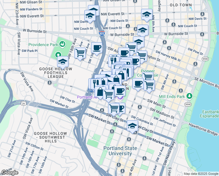 map of restaurants, bars, coffee shops, grocery stores, and more near 1115 Southwest 11th Avenue in Portland