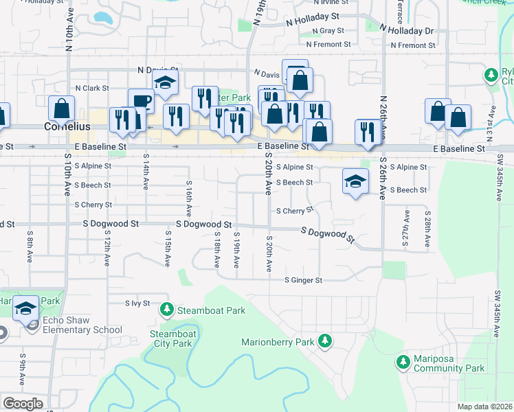 map of restaurants, bars, coffee shops, grocery stores, and more near 296 South 19th Place in Cornelius