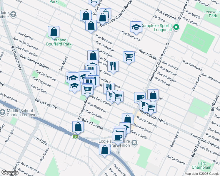 map of restaurants, bars, coffee shops, grocery stores, and more near 1611 Rue Préfontaine in Longueuil