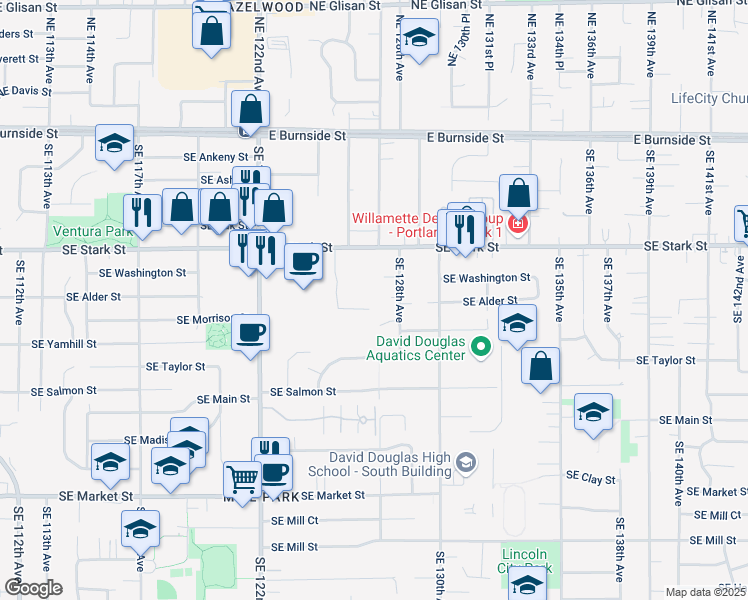 map of restaurants, bars, coffee shops, grocery stores, and more near 12640 Southeast Stark Street in Portland
