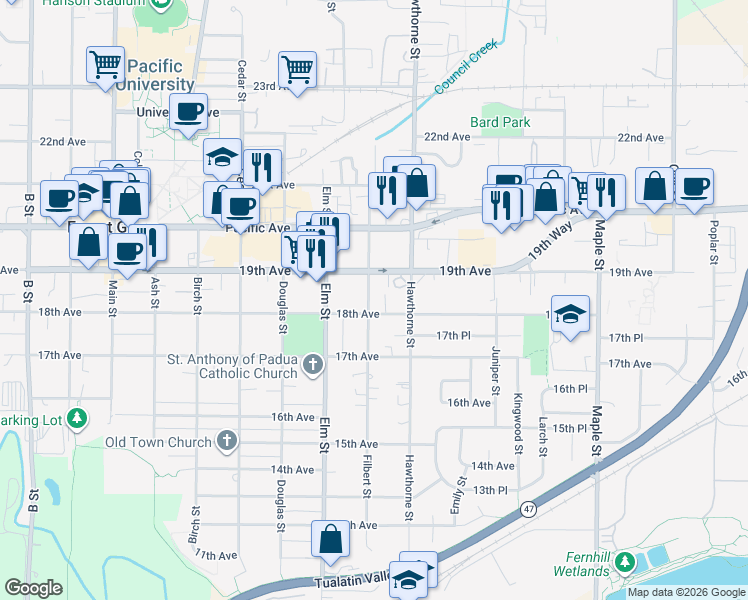 map of restaurants, bars, coffee shops, grocery stores, and more near 2617 18th Avenue in Forest Grove