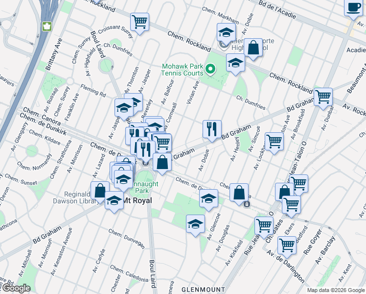 map of restaurants, bars, coffee shops, grocery stores, and more near 1265 Boulevard Graham in Mont-Royal