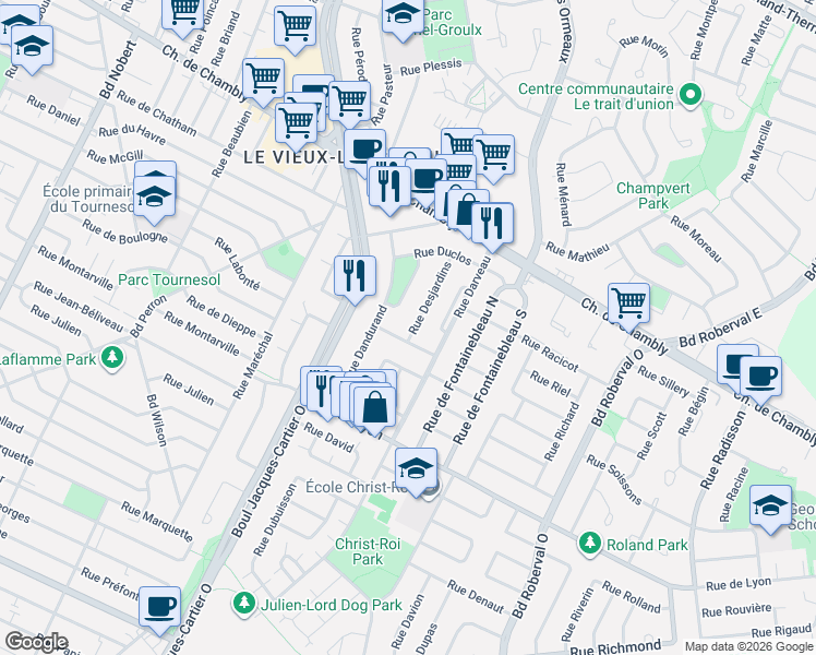 map of restaurants, bars, coffee shops, grocery stores, and more near 401 Rue Desjardins in Longueuil