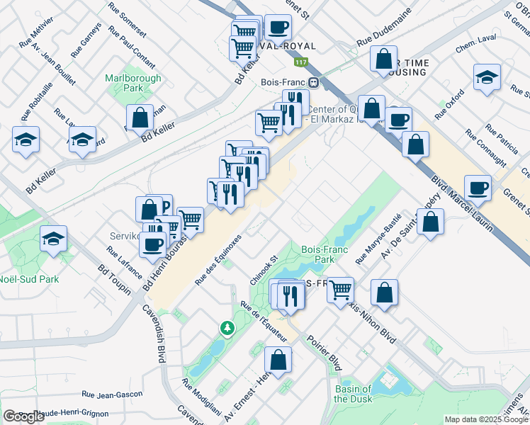 map of restaurants, bars, coffee shops, grocery stores, and more near 2475 Rue des Équinoxes in Montréal
