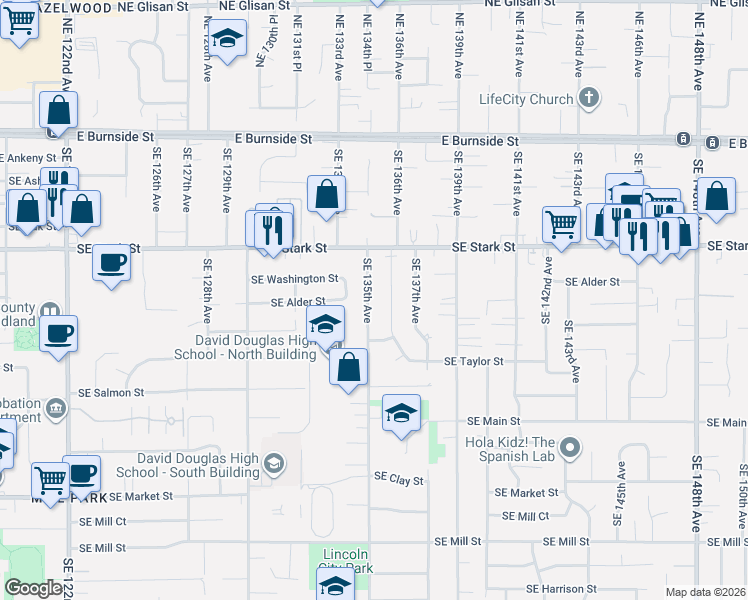 map of restaurants, bars, coffee shops, grocery stores, and more near 706 Southeast 135th Avenue in Portland