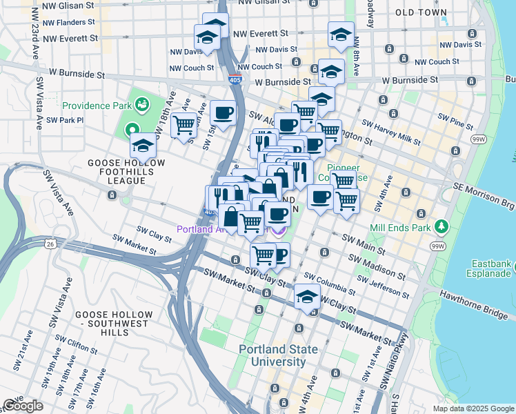 map of restaurants, bars, coffee shops, grocery stores, and more near 1115 Southwest 11th Avenue in Portland
