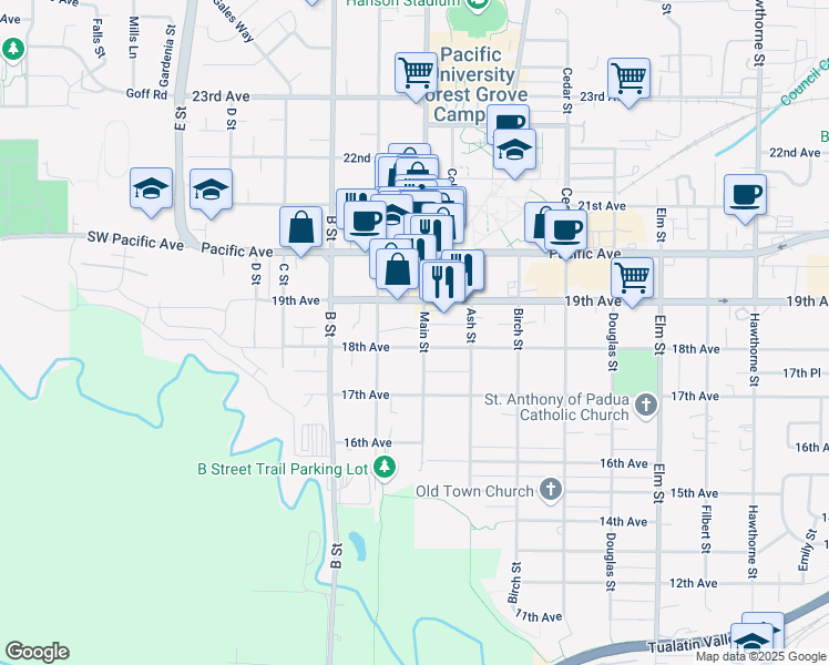 map of restaurants, bars, coffee shops, grocery stores, and more near 1812 Main Street in Forest Grove