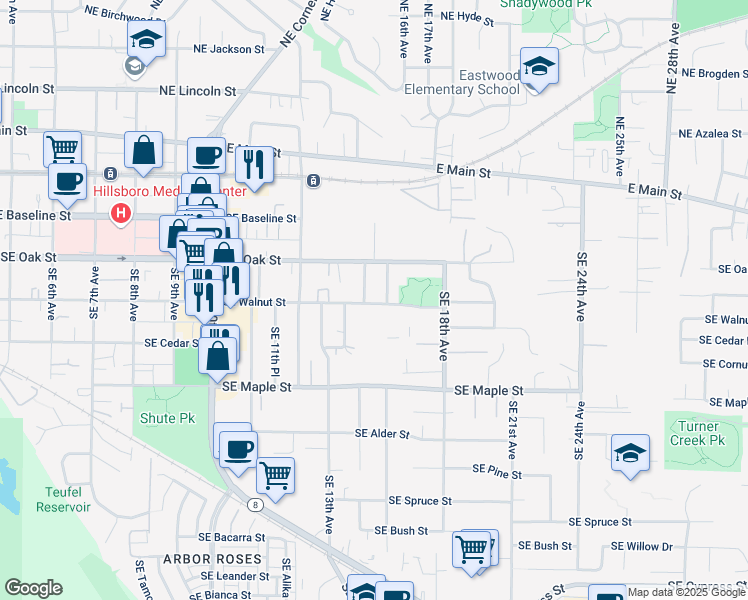 map of restaurants, bars, coffee shops, grocery stores, and more near 1525 Southeast Walnut Street in Hillsboro