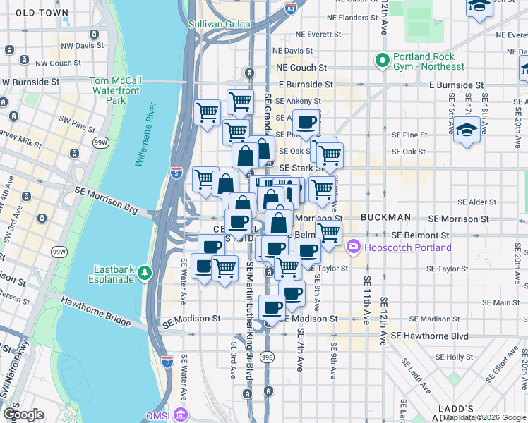 map of restaurants, bars, coffee shops, grocery stores, and more near 727 Southeast Grand Avenue in Portland