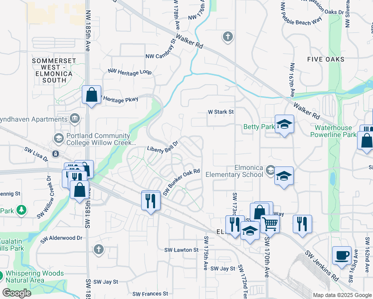 map of restaurants, bars, coffee shops, grocery stores, and more near 17680 Southwest Declaration Way in Beaverton