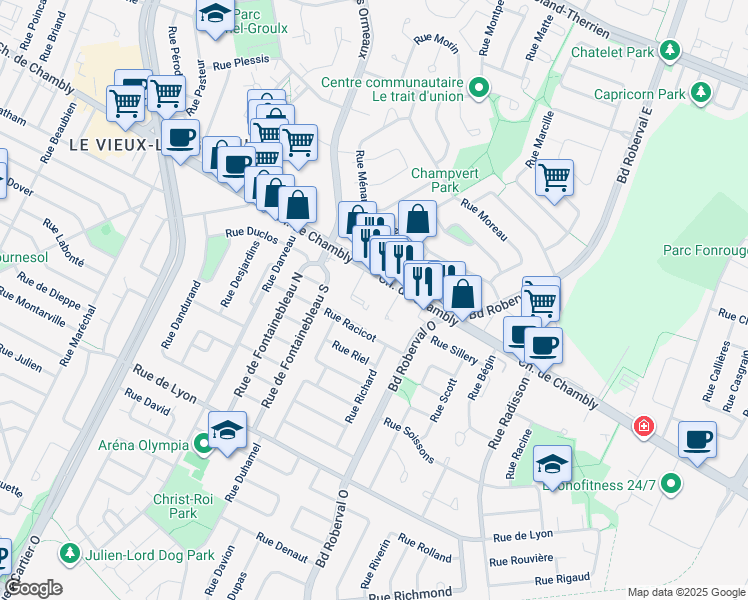 map of restaurants, bars, coffee shops, grocery stores, and more near 3109 Chemin de Chambly in Longueuil