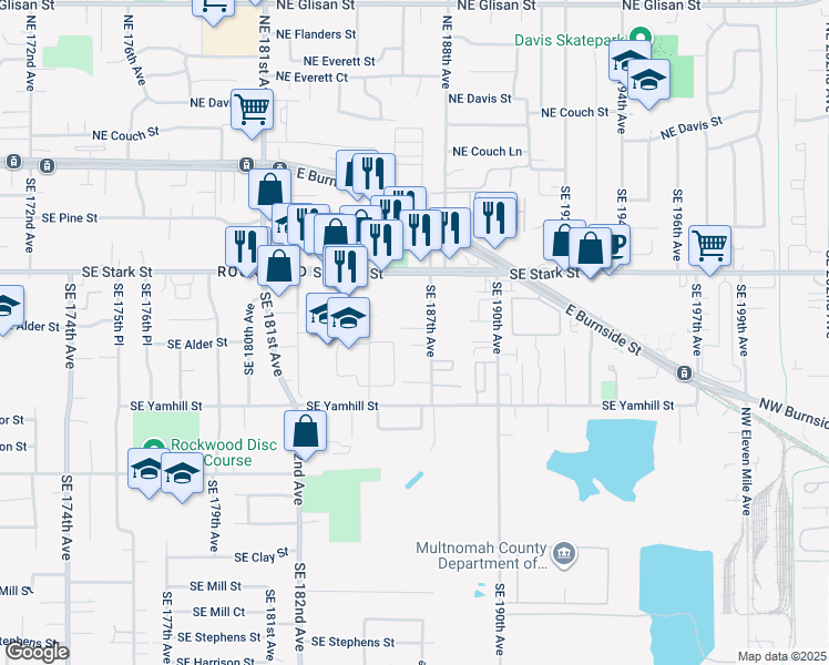 map of restaurants, bars, coffee shops, grocery stores, and more near 18450 Southeast Stark Street in Portland