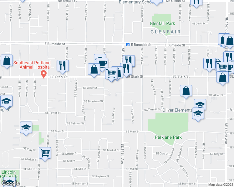 map of restaurants, bars, coffee shops, grocery stores, and more near 659 Southeast 148th Avenue in Portland