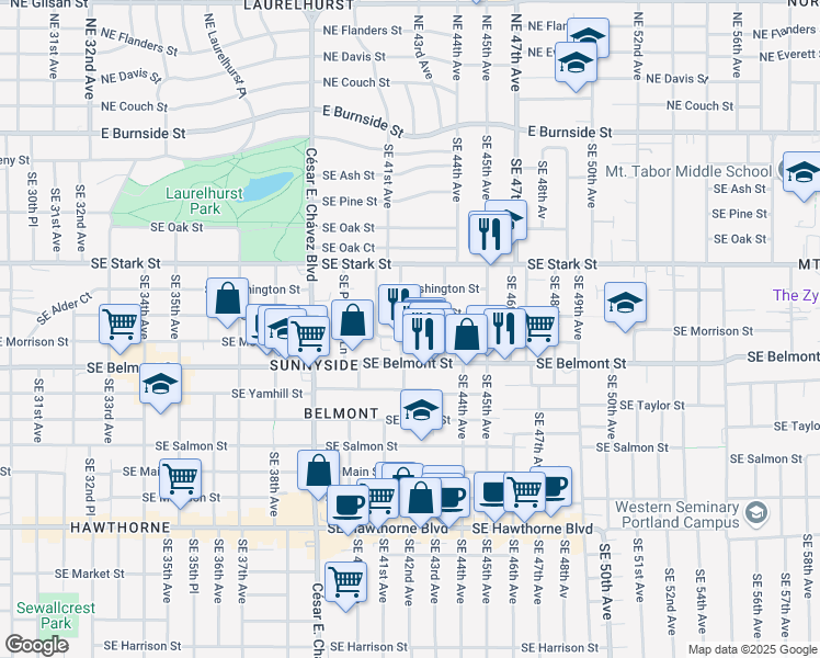 map of restaurants, bars, coffee shops, grocery stores, and more near 4225 Southeast Morrison Street in Portland
