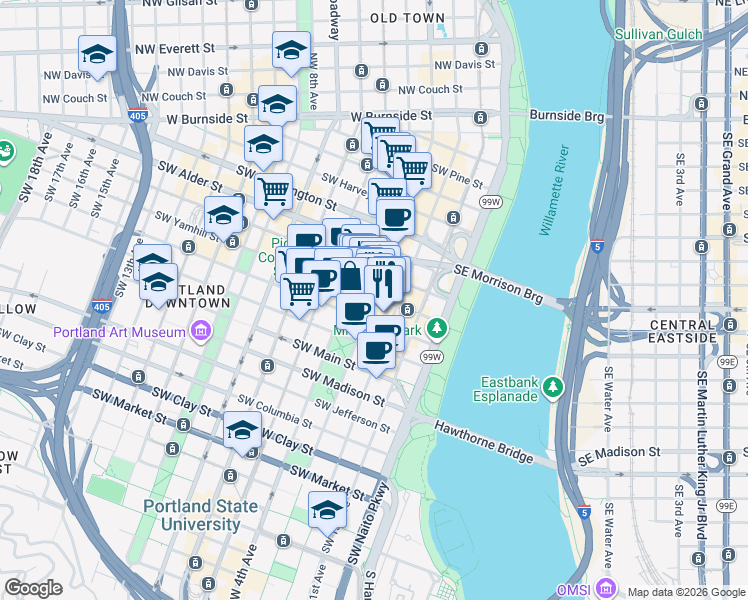 map of restaurants, bars, coffee shops, grocery stores, and more near in Portland