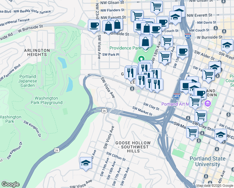 map of restaurants, bars, coffee shops, grocery stores, and more near 1475 Southwest 20th Avenue in Portland