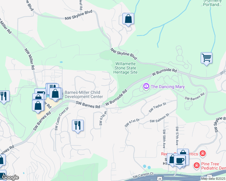 map of restaurants, bars, coffee shops, grocery stores, and more near West Burnside Road in Portland