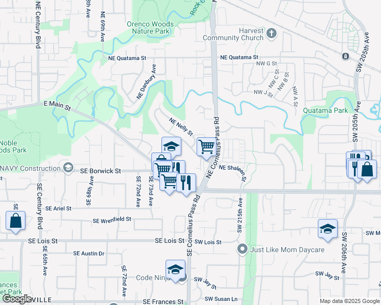 map of restaurants, bars, coffee shops, grocery stores, and more near 7390 Northeast Shaleen Street in Hillsboro