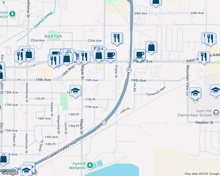 map of restaurants, bars, coffee shops, grocery stores, and more near 3451 Poplar Court in Forest Grove