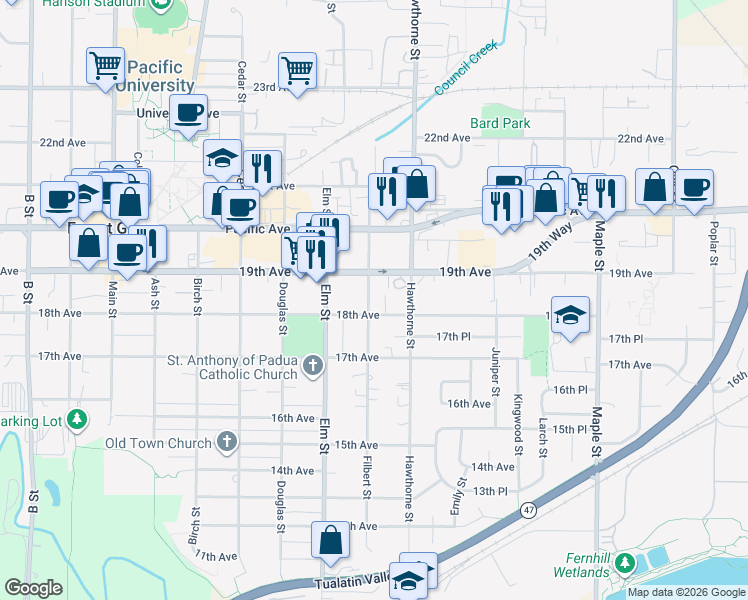 map of restaurants, bars, coffee shops, grocery stores, and more near 2617 18th Avenue in Forest Grove