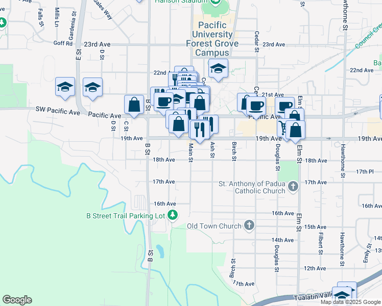 map of restaurants, bars, coffee shops, grocery stores, and more near 1812 Main Street in Forest Grove
