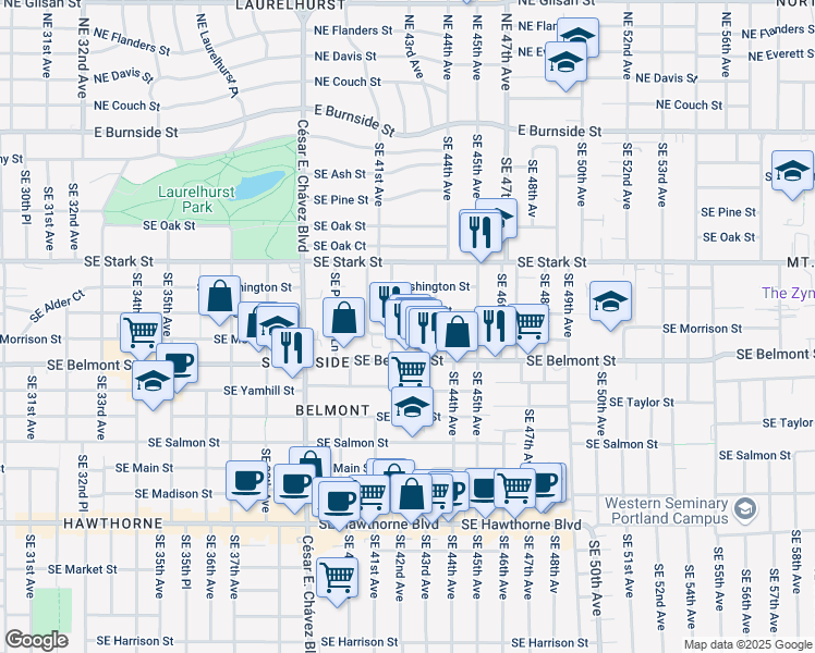 map of restaurants, bars, coffee shops, grocery stores, and more near 4225 Southeast Morrison Street in Portland