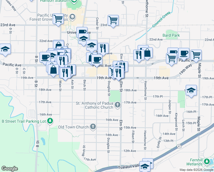 map of restaurants, bars, coffee shops, grocery stores, and more near 1814 Douglas Street in Forest Grove