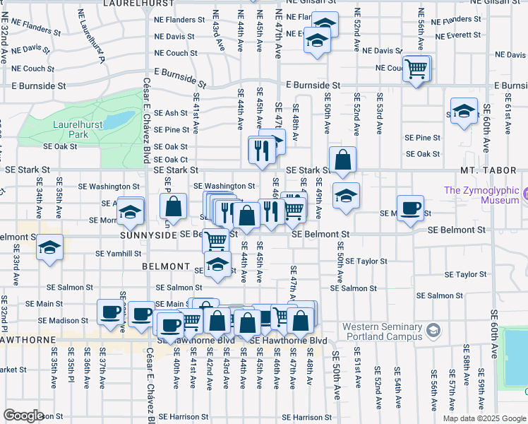 map of restaurants, bars, coffee shops, grocery stores, and more near 728 Southeast 45th Avenue in Portland