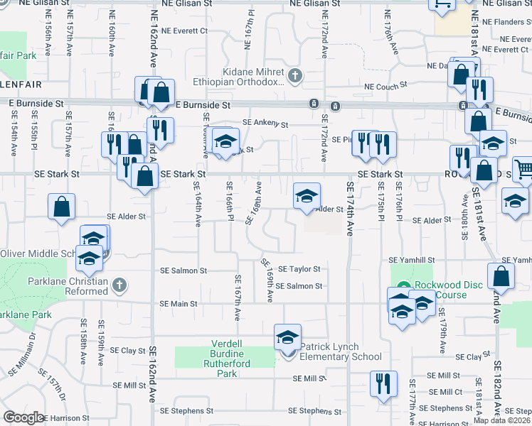 map of restaurants, bars, coffee shops, grocery stores, and more near 16820 Southeast Alder Street in Portland