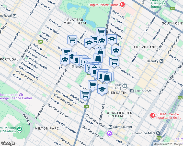 map of restaurants, bars, coffee shops, grocery stores, and more near in Montréal
